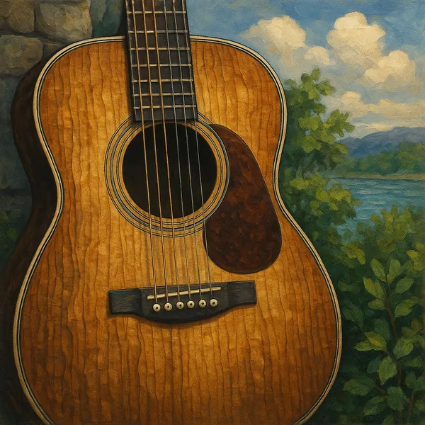 This image features a close-up view of an acoustic guitar with a rich, warm wood grain texture.