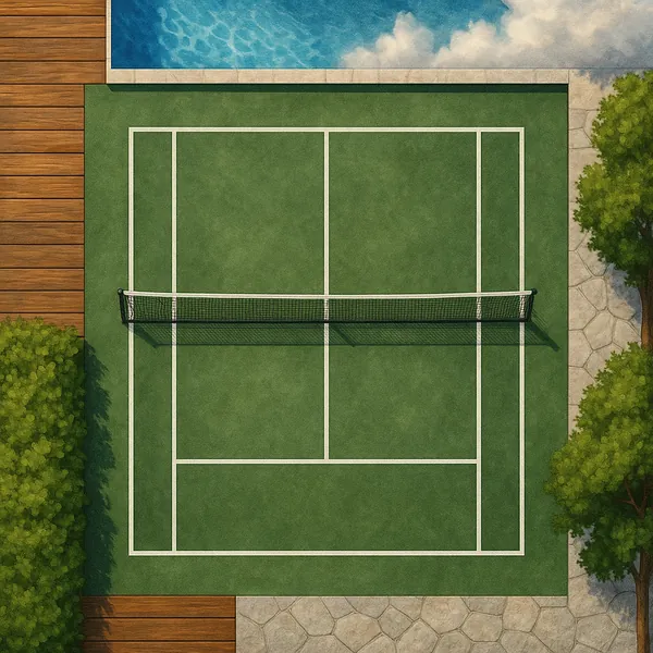 This image presents an aerial view of a tennis court, featuring crisp white lines neatly defining the playing area.