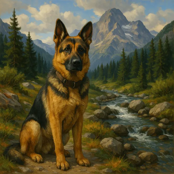 This image features a German shepherd sitting attentively in a picturesque mountain landscape.