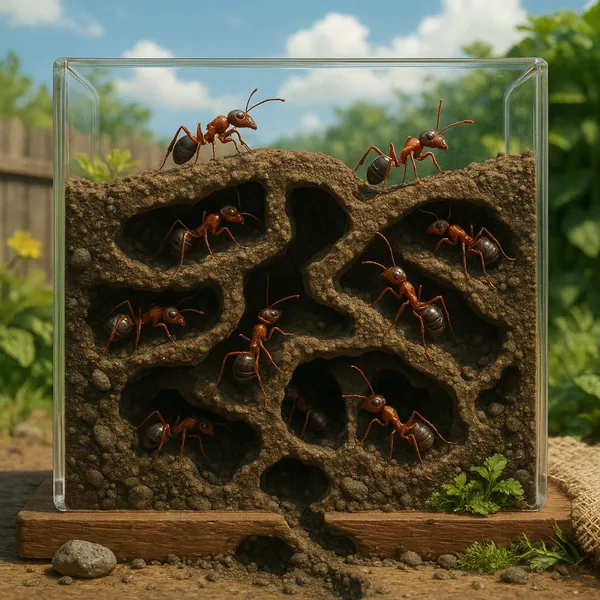 This image depicts a clear ant farm showcasing ants diligently constructing intricate tunnels.