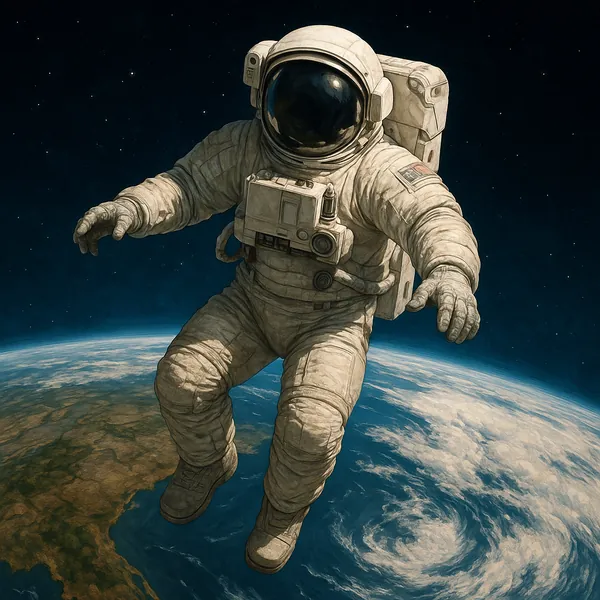 The image depicts a solitary astronaut floating in the vastness of space, set against the stunning backdrop of Earth.