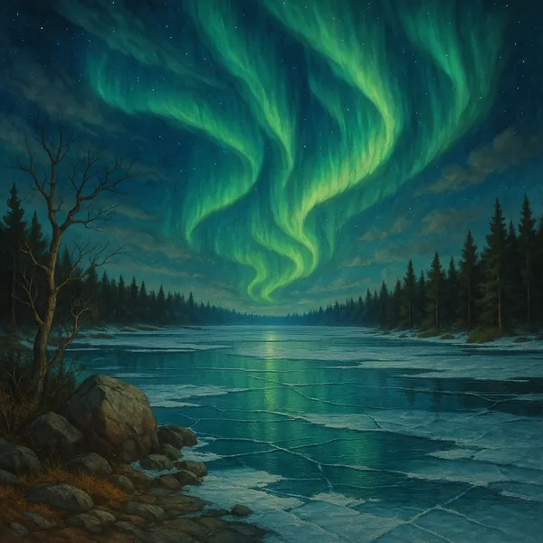 This captivating image depicts the northern lights dancing across a night sky above a frozen lake.