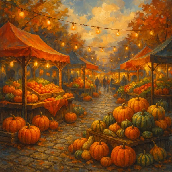This vibrant image depicts a bustling street market celebrating the autumn harvest.