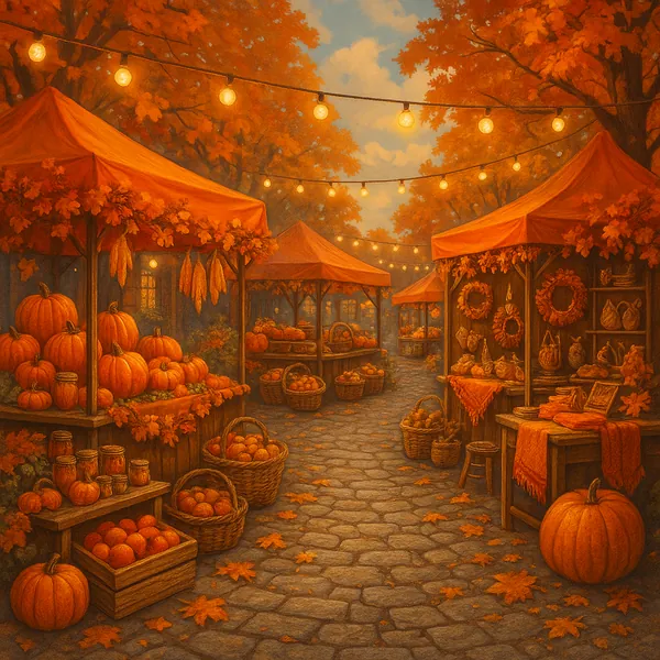 This image captures a vibrant street market scene, celebrating the essence of autumn.