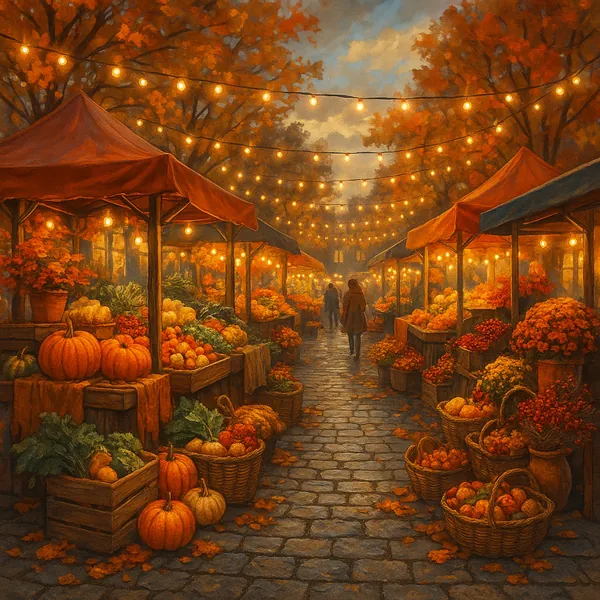 This image depicts a vibrant autumn street market, illuminated by strings of twinkling fairy lights.