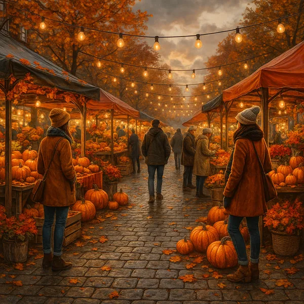 This image captures a lively autumn street market scene, set under a canopy of warm, glowing string lights.