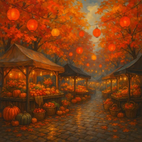 The image depicts a vibrant autumn street market, bustling with cozy stalls filled with pumpkins and harvest goods.