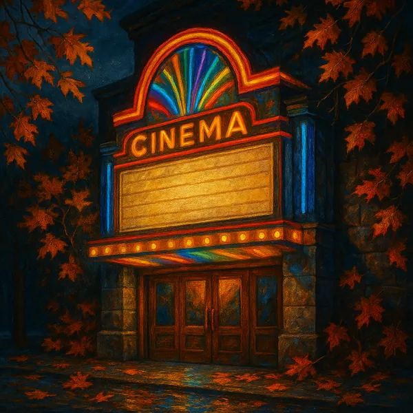 This image captures a beautifully illuminated outdoor cinema marquee at night.