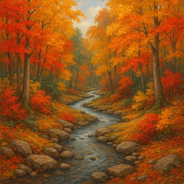A serene stream winds its way through a vibrant autumn woodland, surrounded by trees adorned in fiery shades of orange, red, and yellow.