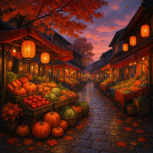 This image captures a vibrant street market at dusk, bathed in warm hues of orange, red, and purple.