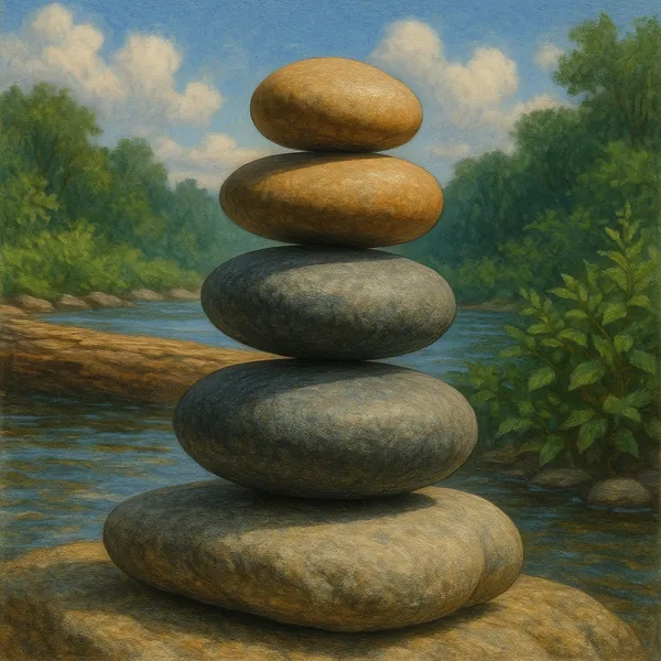 This image captures a serene scene of smooth river stones carefully stacked in a balanced formation.