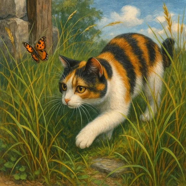 A calico cat, with its distinctive orange, black, and white fur, is captured in a moment of focused curiosity as it stalks a butterfly amidst tall grass.