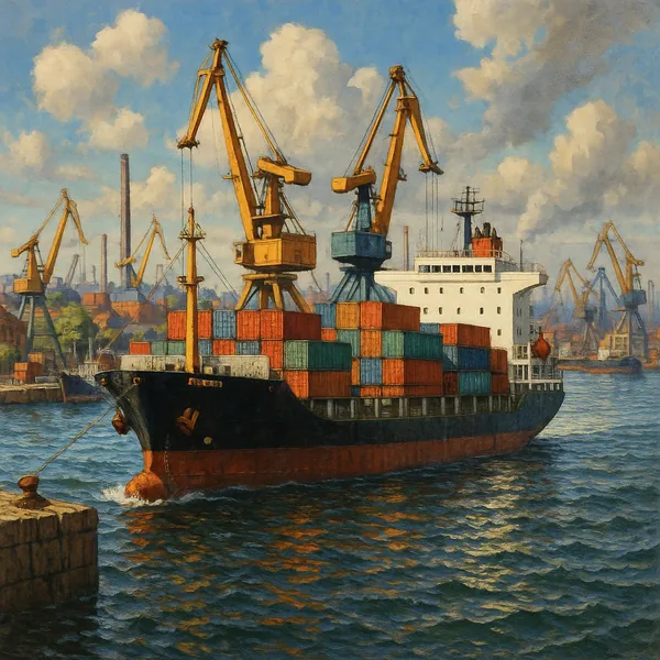 The image depicts a bustling industrial harbor, featuring a large cargo ship loaded with colorful containers.