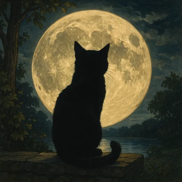 A black cat sits in silhouette against the backdrop of a luminous full moon, creating a striking contrast.