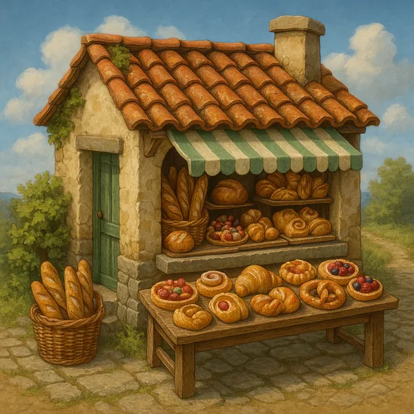 This image depicts a quaint, miniature bakery diorama set in a rustic environment.