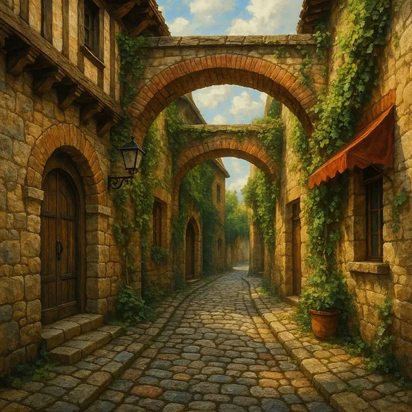 This image depicts a picturesque European alleyway, characterized by its cobblestone path and rustic charm.