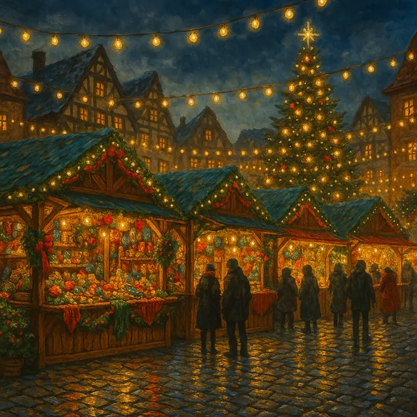 The image captures a festive holiday market bustling with activity.