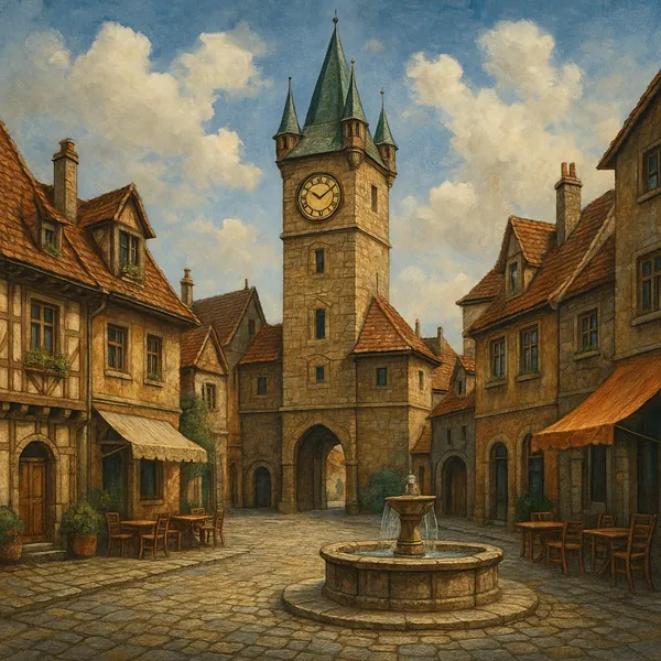 This image depicts a quaint old town square, centered around an impressive clock tower with a classic design.