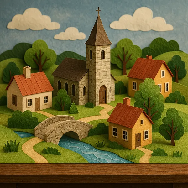 This image depicts a quaint village crafted from paper, set on a tabletop.