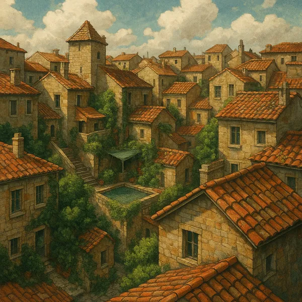 This image captures a picturesque view of closely packed buildings with terracotta roofs, creating a warm and inviting atmosphere.