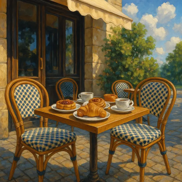 This image captures a quaint street cafe scene with a cozy, inviting atmosphere.