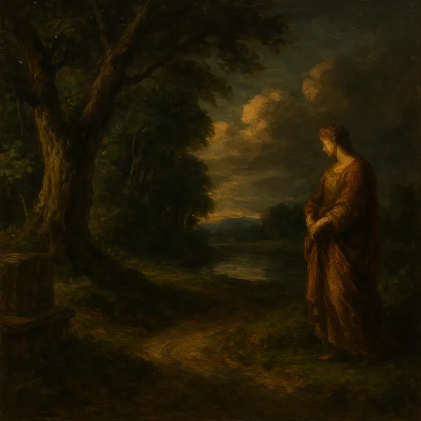 This classical oil painting features a serene landscape with dramatic chiaroscuro lighting.
