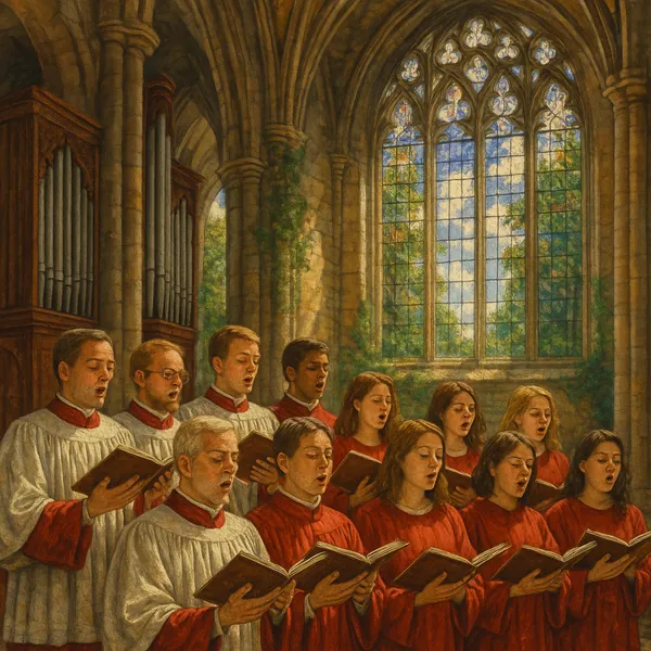 This image captures a choir performing in a majestic cathedral setting.