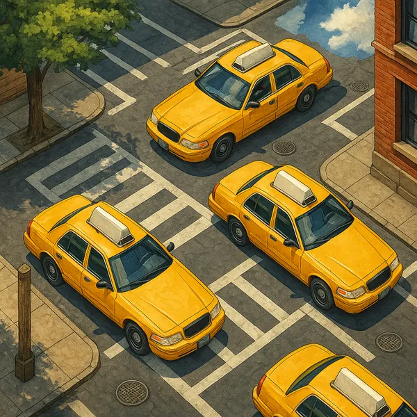 This illustration offers an aerial view of a bustling city intersection populated by iconic yellow taxi cabs.