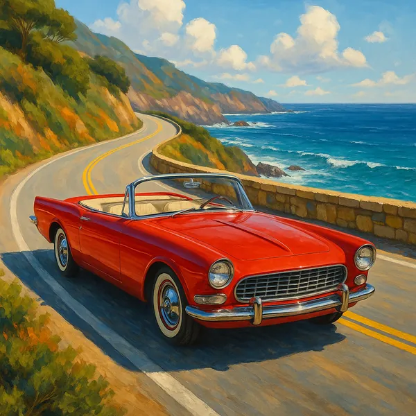 This vibrant image captures a classic red convertible cruising along a scenic coastal highway.