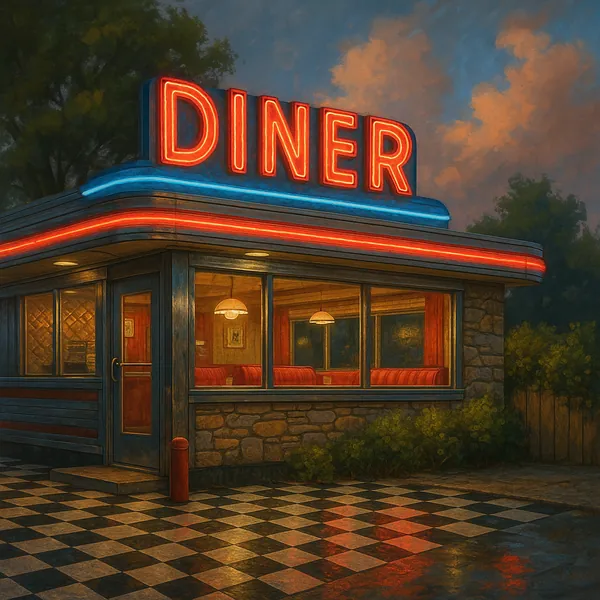 This image captures the nostalgic charm of a retro diner illuminated by a vibrant neon sign reading 'DINER'.