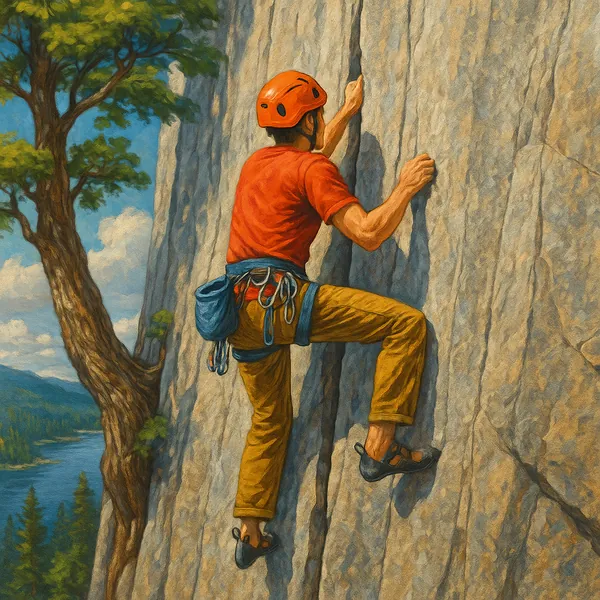 The image depicts a rock climber scaling a sheer granite wall, showcasing a vivid and dynamic scene.