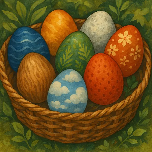This image features a collection of vibrant Easter eggs neatly arranged in a woven basket.