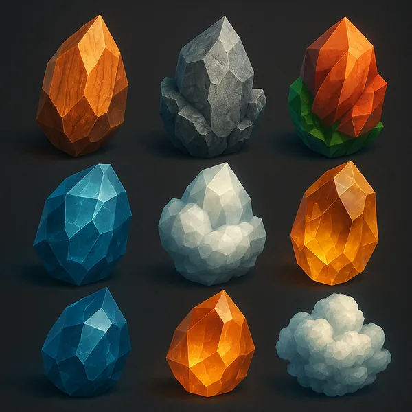The image showcases a collection of nine low-poly crystal shapes, each uniquely colored and arranged in a 3x3 grid against a dark background.