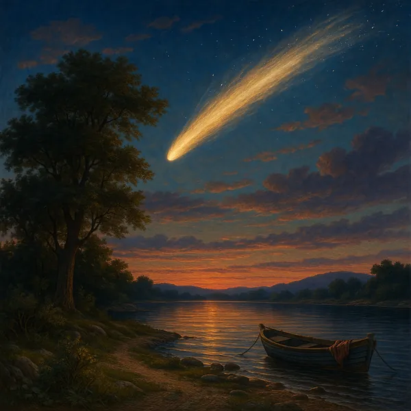 A luminous comet streaks across the twilight sky, casting a gentle glow over a serene riverside scene.