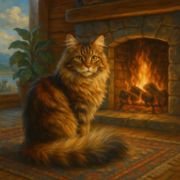 A majestic Maine Coon cat with a lush, fluffy tail sits comfortably in front of a roaring fireplace.
