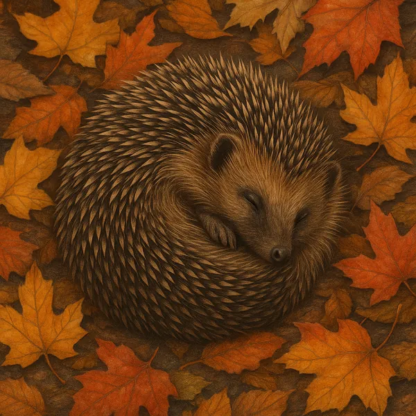 This image depicts a hedgehog peacefully curled up among a bed of autumn leaves.