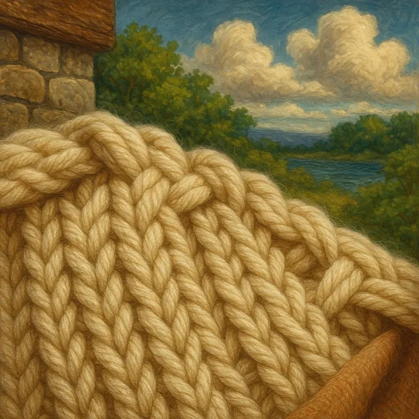 This image showcases a close-up view of a soft, woolen knit with large, visible stitches in a warm, golden hue.