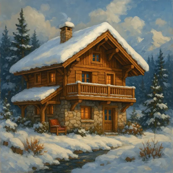 This image features a charming alpine chalet nestled in a snowy landscape.