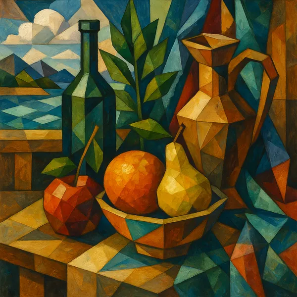 This vibrant cubist painting showcases a still life arrangement featuring angular shapes and vivid colors.