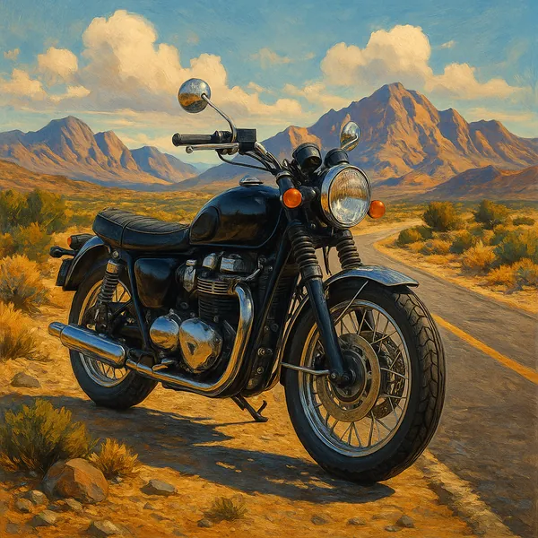 This image features a classic motorcycle parked on a sunlit desert road, set against a backdrop of rugged mountains.