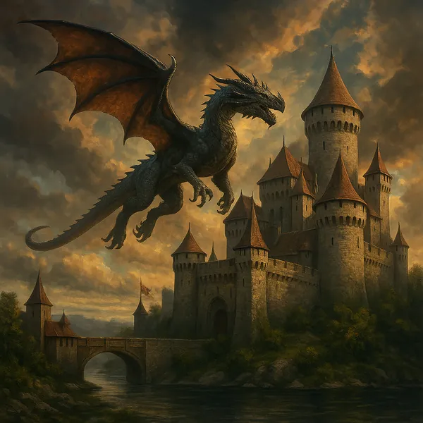 In this captivating image, a majestic dragon soars above a grand castle, set against a backdrop of dramatic, swirling clouds.
