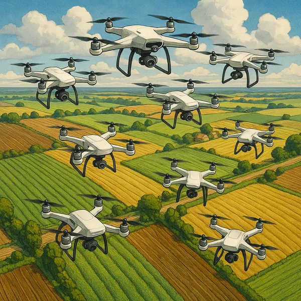 This image depicts a swarm of drones flying over a patchwork of agricultural fields.