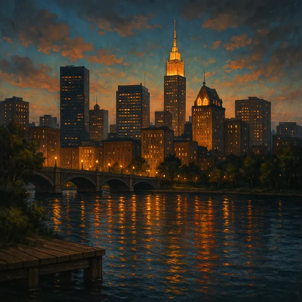 This image captures a serene cityscape at dusk, showcasing a skyline illuminated by warm, glowing lights.