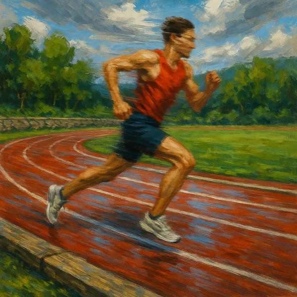 This image captures a runner in motion on a red track, with a striking use of motion blur to convey speed and energy.