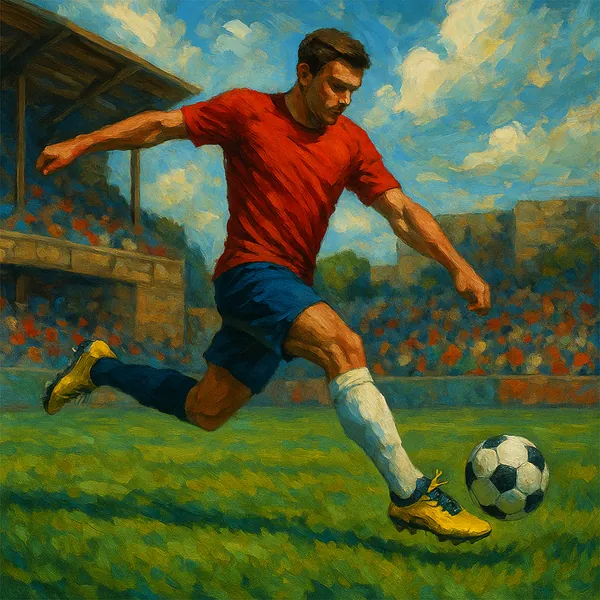 This image captures a vibrant moment in a soccer match, featuring a player mid-kick.
