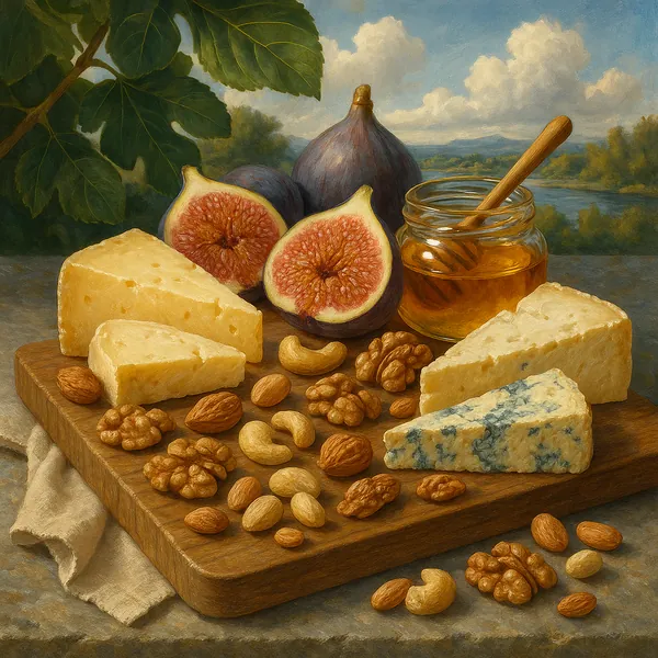 This image showcases a beautifully arranged cheeseboard set against a serene landscape backdrop.