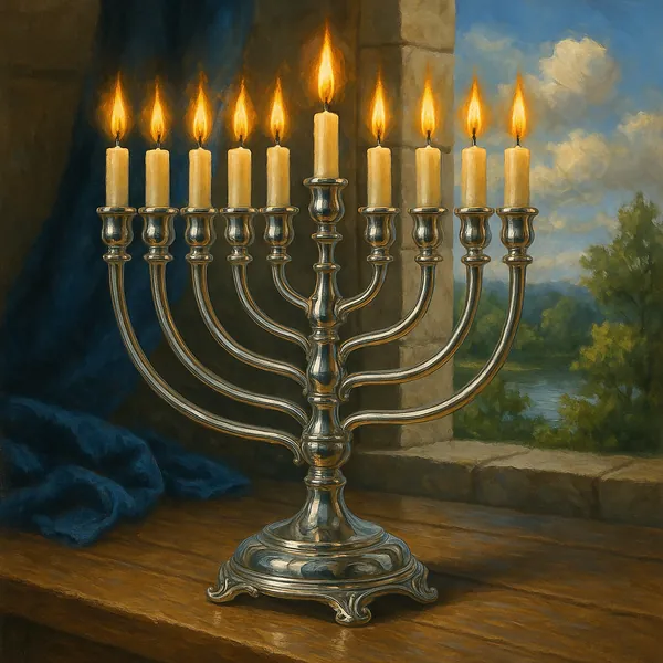 The image depicts a polished silver menorah with nine lit candles, each flame casting a warm glow.