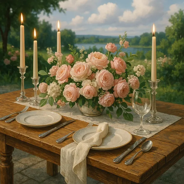 This image captures a beautifully arranged wedding table set outdoors against a serene backdrop of lush greenery and a tranquil lake.
