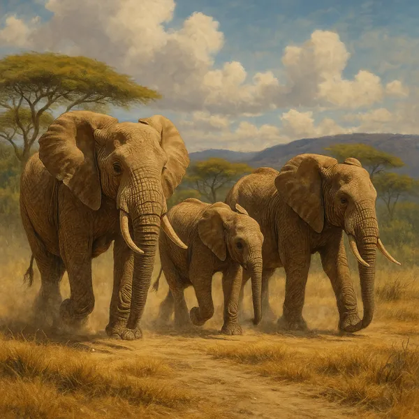 A family of elephants strides purposefully across a dusty savannah landscape.