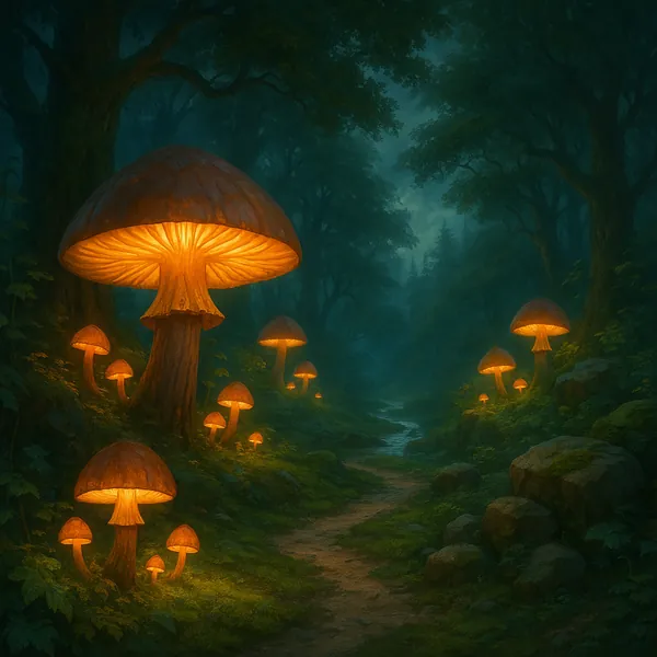 This captivating image depicts a mystical forest scene illuminated by clusters of glowing mushrooms.